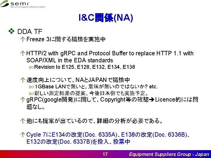 I&C関係(NA) v DDA TF á Freeze 3に関する議論を実施中 á HTTP/2 with g. RPC and Protocol
