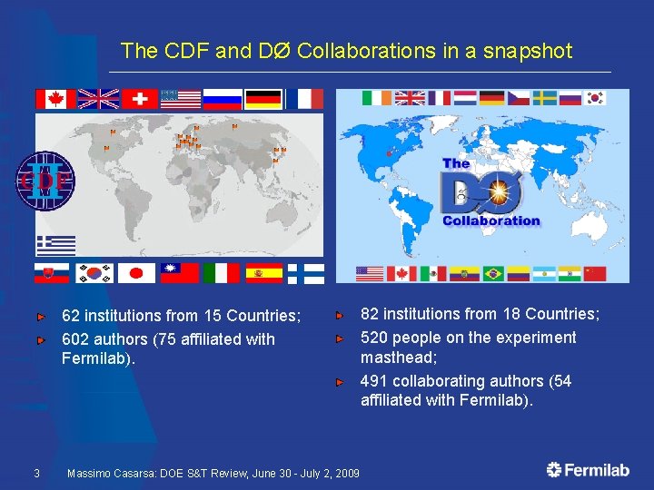 The CDF and DØ Collaborations in a snapshot 62 institutions from 15 Countries; 602