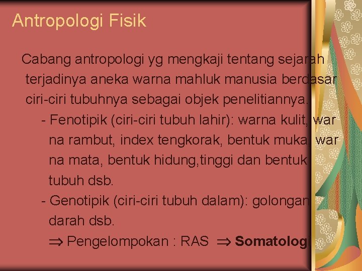 Antropologi Fisik Cabang antropologi yg mengkaji tentang sejarah terjadinya aneka warna mahluk manusia berdasar