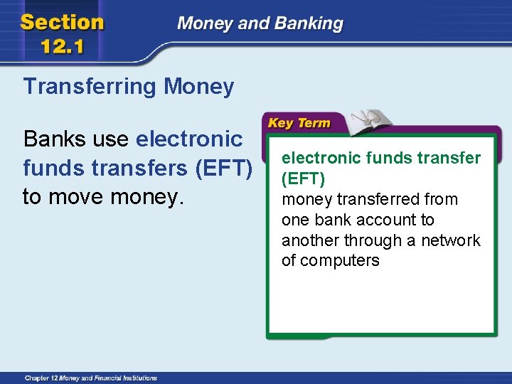 Transferring Money Banks use electronic funds transfers (EFT) to move money. electronic funds transfer
