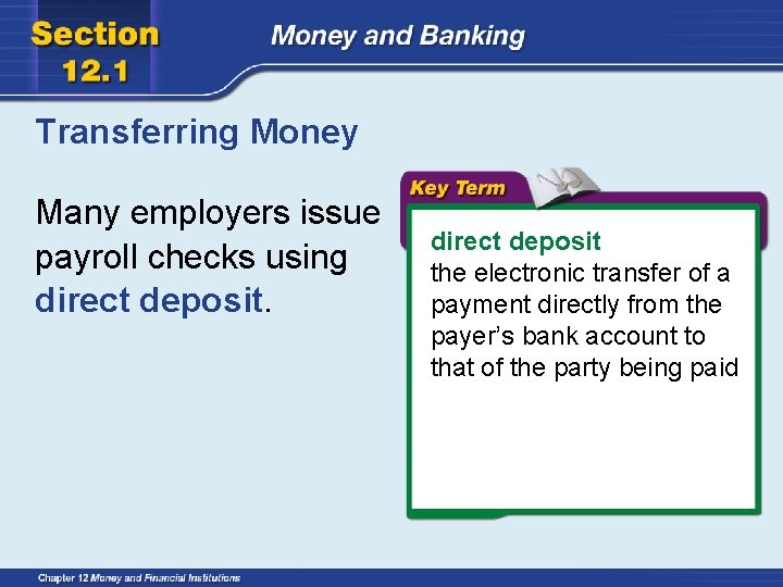 Transferring Money Many employers issue payroll checks using direct deposit the electronic transfer of
