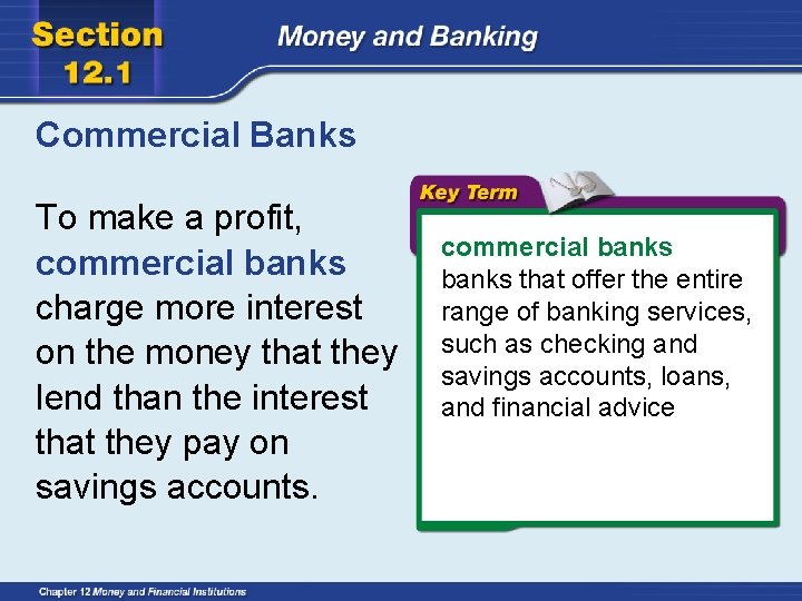 Commercial Banks To make a profit, commercial banks charge more interest on the money