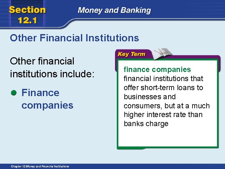 Other Financial Institutions Other financial institutions include: Finance companies financial institutions that offer short-term