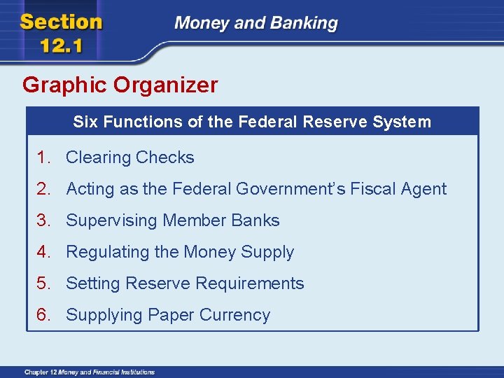 Graphic Organizer Six Functions of the Federal Reserve System 1. Clearing Checks 2. Acting