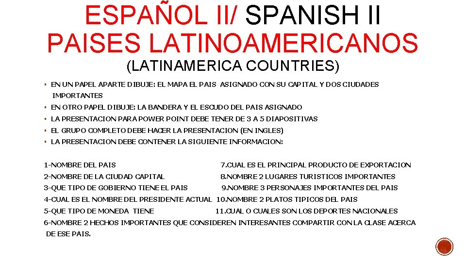 ESPAÑOL II/ SPANISH II PAISES LATINOAMERICANOS (LATINAMERICA COUNTRIES) § EN UN PAPEL APARTE DIBUJE: