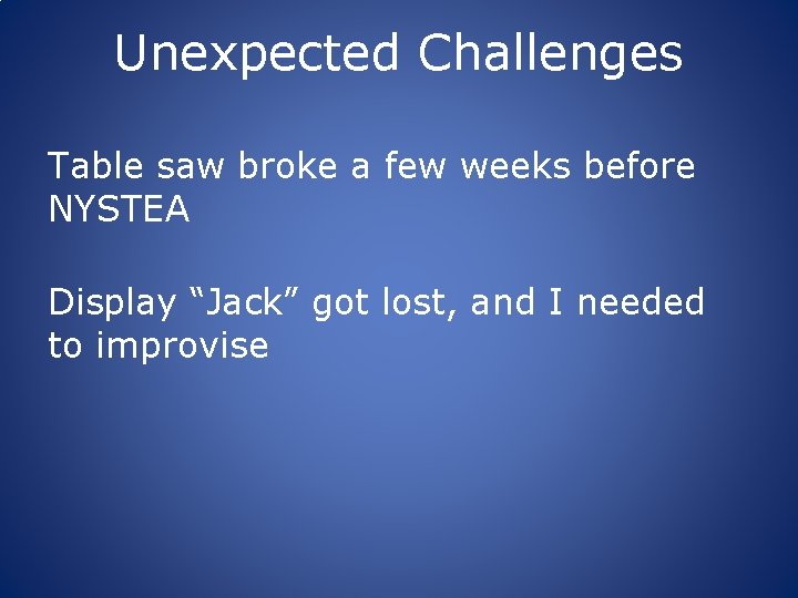 Unexpected Challenges Table saw broke a few weeks before NYSTEA Display “Jack” got lost,