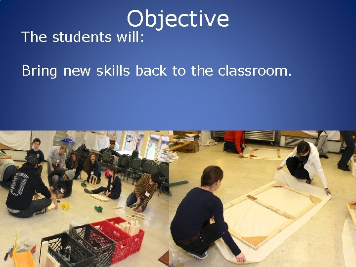 Objective The students will: Bring new skills back to the classroom. 