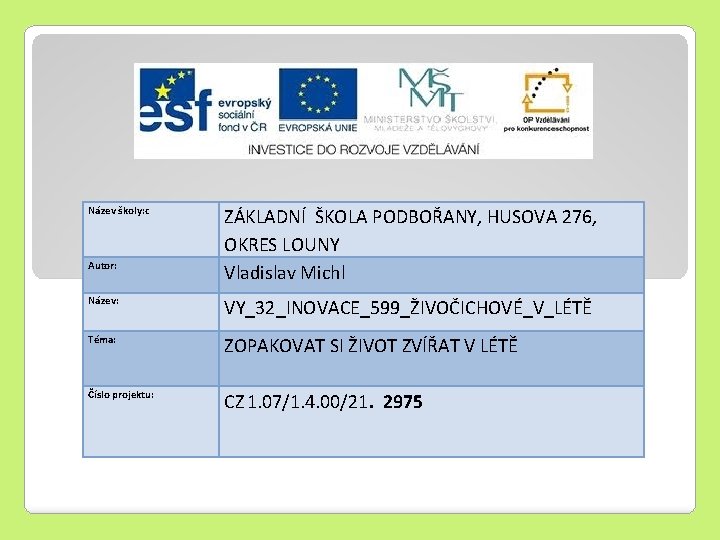 Název školy: c Autor: ZÁKLADNÍ ŠKOLA PODBOŘANY, HUSOVA 276, OKRES LOUNY Vladislav Michl Název: