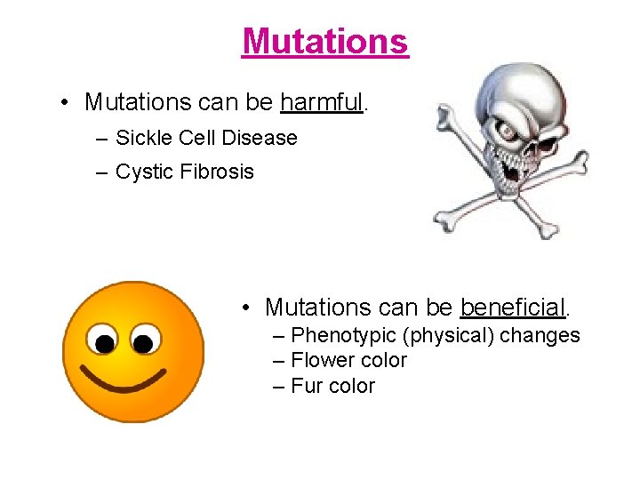 Mutations • Mutations can be harmful. – Sickle Cell Disease – Cystic Fibrosis •