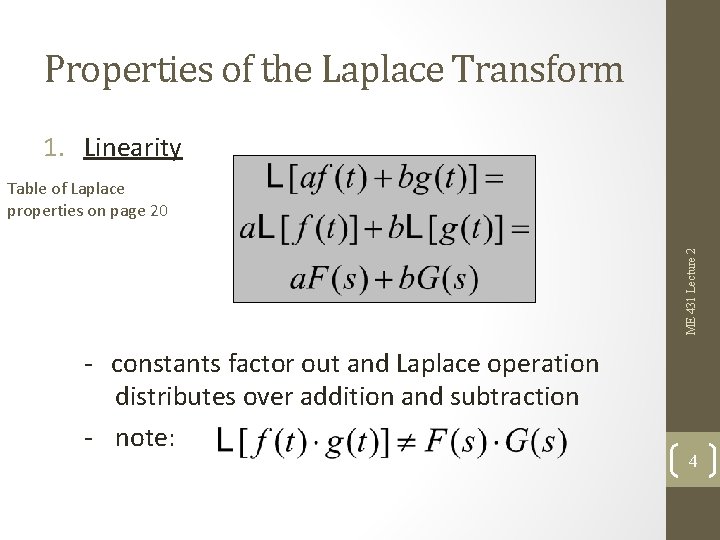 Properties of the Laplace Transform 1. Linearity ME 431 Lecture 2 Table of Laplace