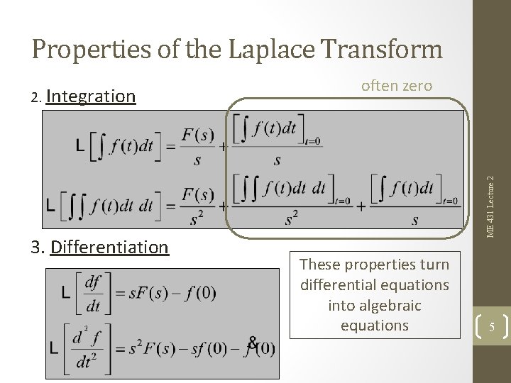 Properties of the Laplace Transform 3. Differentiation often zero ME 431 Lecture 2 2.