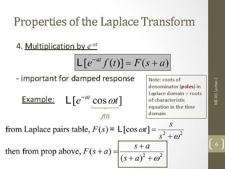 Properties of the Laplace Transform - important for damped response Example: f(t) Note: roots