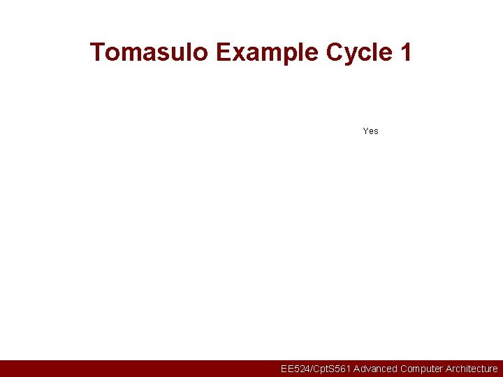 Tomasulo Example Cycle 1 Yes EE 524/Cpt. S 561 Advanced Computer Architecture 