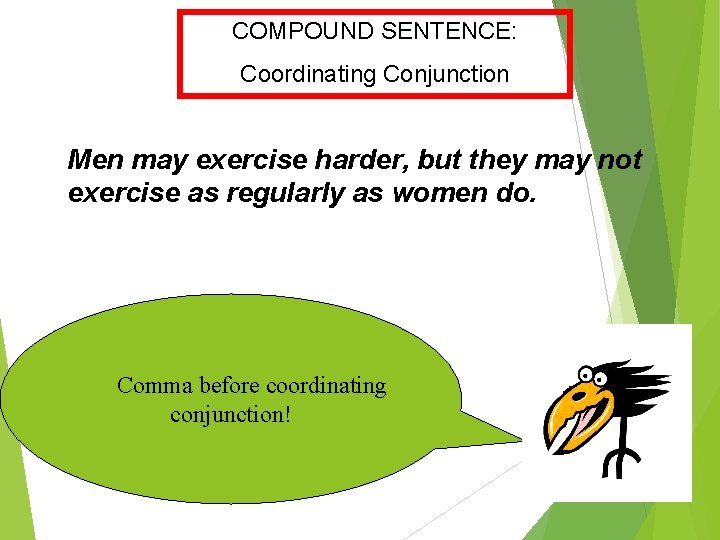 COMPOUND SENTENCE: Coordinating Conjunction Men may exercise harder, but they may not exercise as