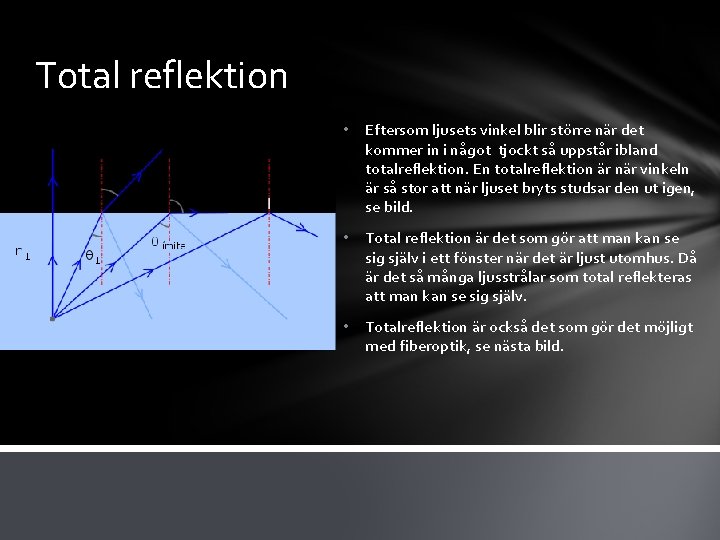 Total reflektion • Eftersom ljusets vinkel blir större när det kommer in i något