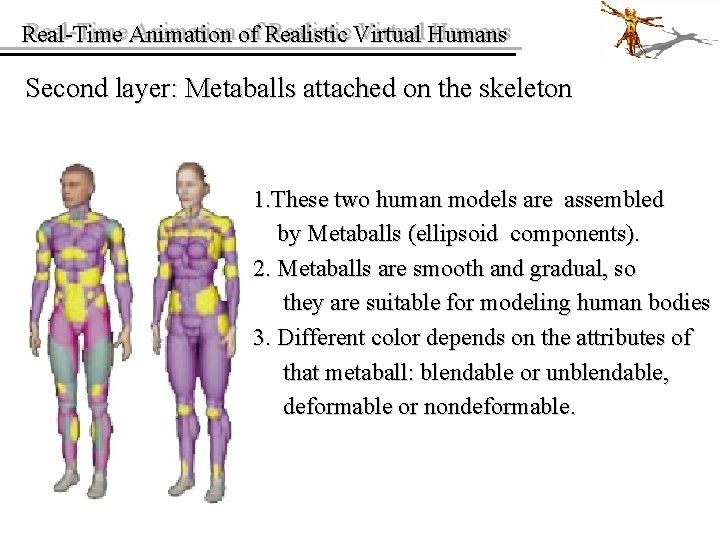 Real-Time Animation of of Realistic Virtual Humans Real-Time Second layer: Metaballs attached on the