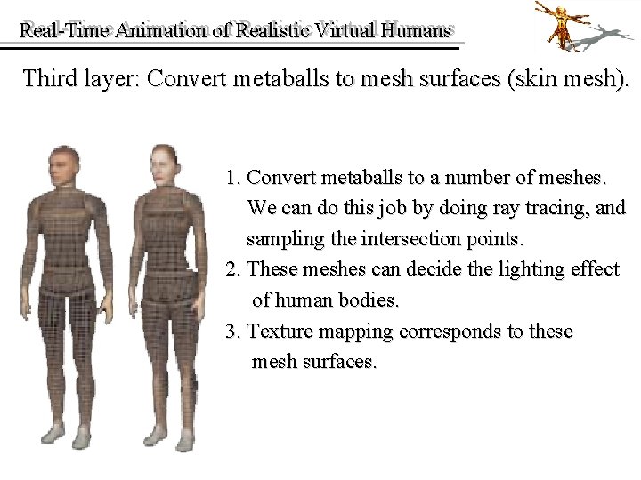 Real-Time Animation of of Realistic Virtual Humans Real-Time Third layer: Convert metaballs to mesh