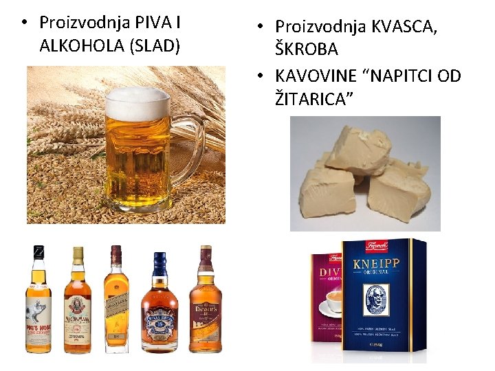  • Proizvodnja PIVA I ALKOHOLA (SLAD) • Proizvodnja KVASCA, ŠKROBA • KAVOVINE “NAPITCI