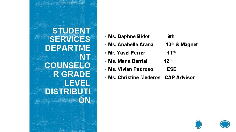 STUDENT SERVICES DEPARTME NT COUNSELO R GRADE LEVEL DISTRIBUTI ON § Ms. Daphne Bidot