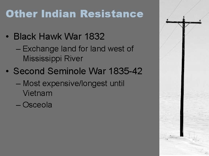 Other Indian Resistance • Black Hawk War 1832 – Exchange land for land west
