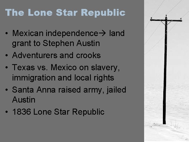 The Lone Star Republic • Mexican independence land grant to Stephen Austin • Adventurers