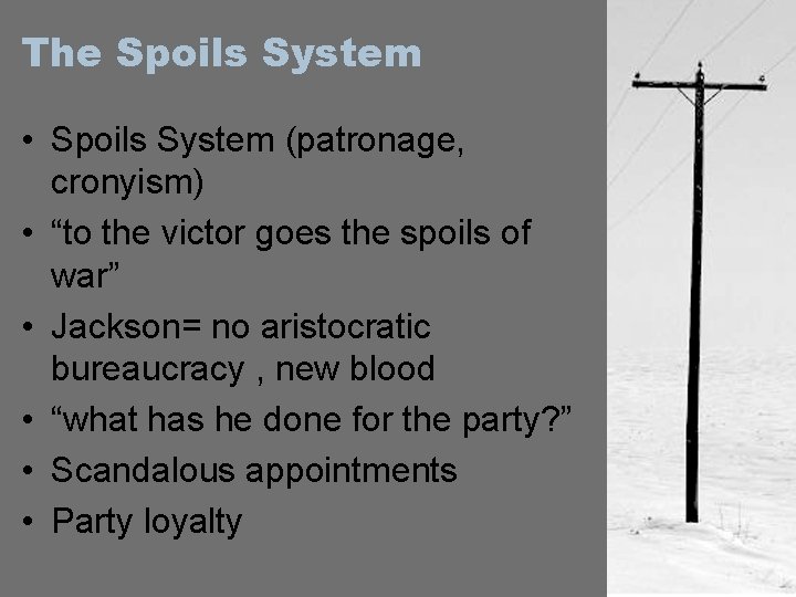 The Spoils System • Spoils System (patronage, cronyism) • “to the victor goes the