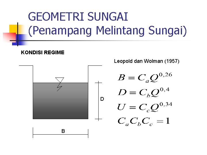 GEOMETRI SUNGAI (Penampang Melintang Sungai) KONDISI REGIME Leopold dan Wolman (1957) D B GEOMETRI SUNGAI (Penampang Melintang Sungai) KONDISI REGIME Leopold dan Wolman (1957) D B