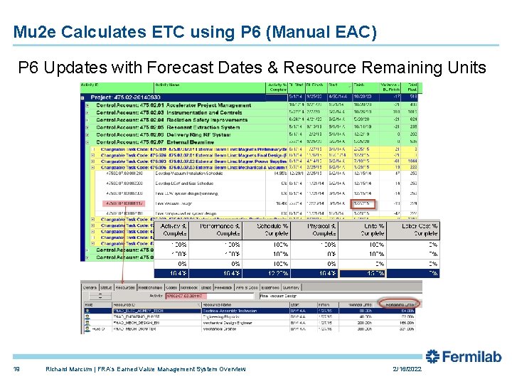 Mu 2 e Calculates ETC using P 6 (Manual EAC) P 6 Updates with