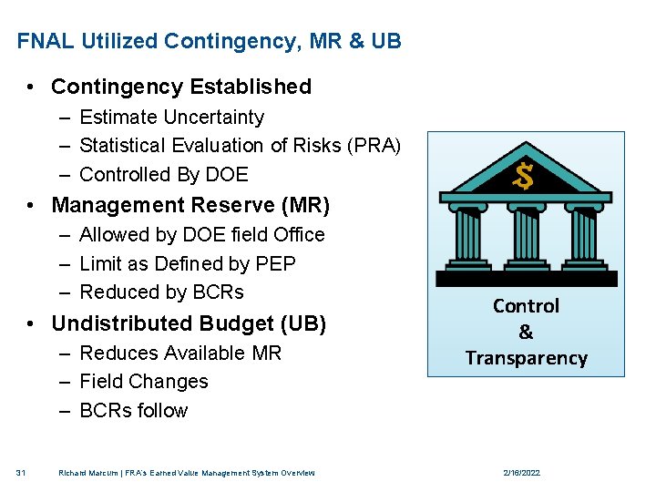 FNAL Utilized Contingency, MR & UB • Contingency Established – Estimate Uncertainty – Statistical