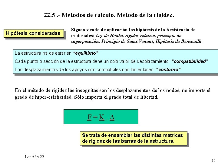 22. 5. - Métodos de cálculo. Método de la rigidez. Hipótesis consideradas Siguen siendo