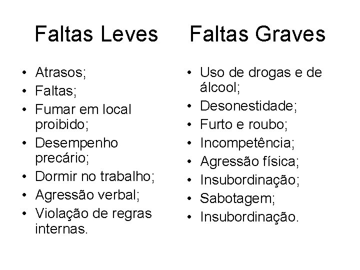 Faltas Leves Faltas Graves • Atrasos; • Faltas; • Fumar em local proibido; •