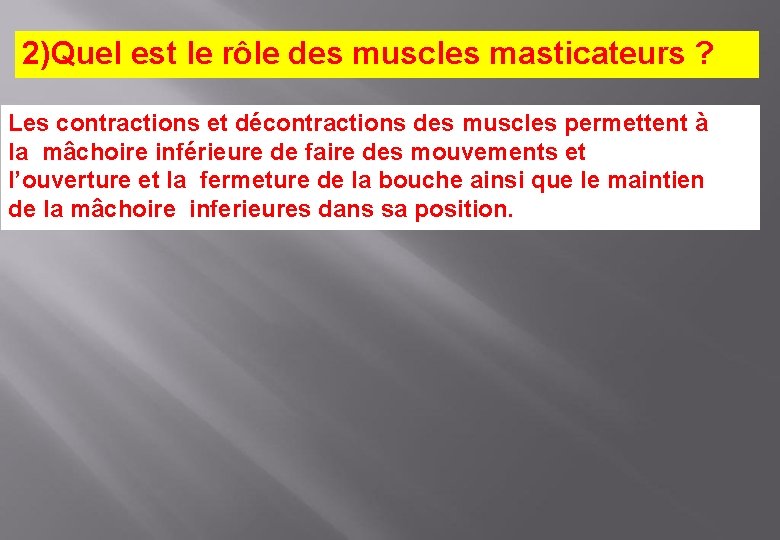 2)Quel est le rôle des muscles masticateurs ? Les contractions et décontractions des muscles