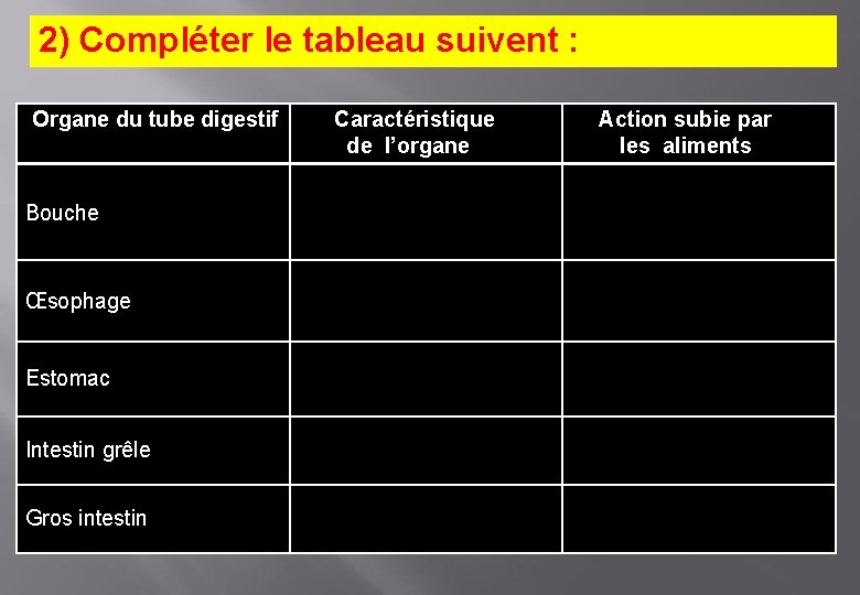 2) Compléter le tableau suivent : Organe du tube digestif Bouche Œsophage Estomac Intestin