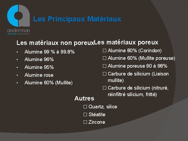 Les Principaux Matériaux Les matériaux non poreux. Les matériaux poreux • Alumine 99 %