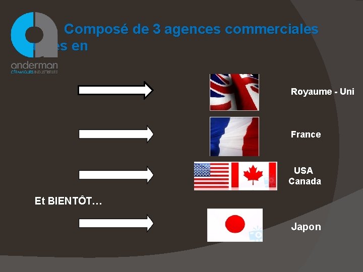 Composé de 3 agences commerciales basées en Royaume - Uni France USA Canada Et