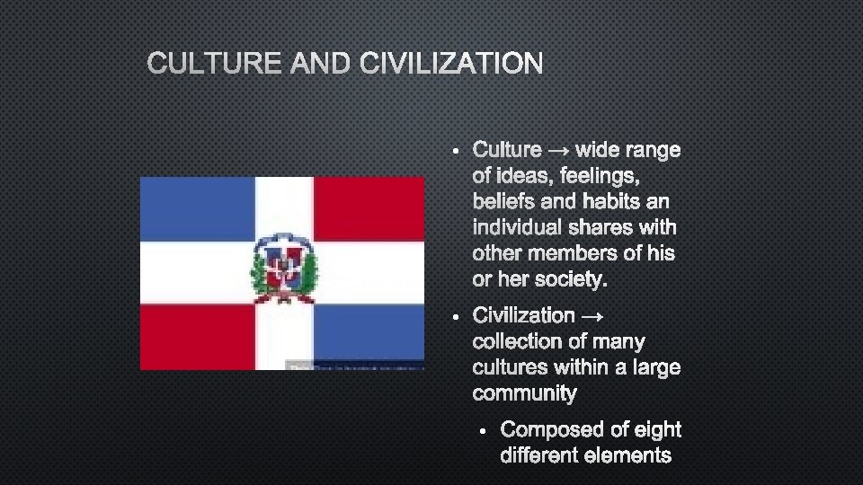 CULTURE AND CIVILIZATION CULTURE → WIDE RANGE OF IDEAS, FEELINGS, BELIEFS AND HABITS AN