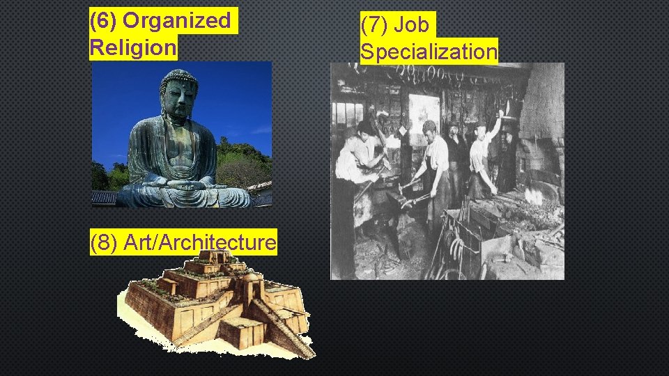 (6) Organized Religion (8) Art/Architecture (7) Job Specialization 