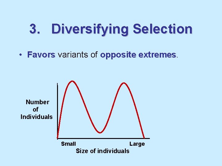 3. Diversifying Selection • Favors variants of opposite extremes Number of Individuals Small Large
