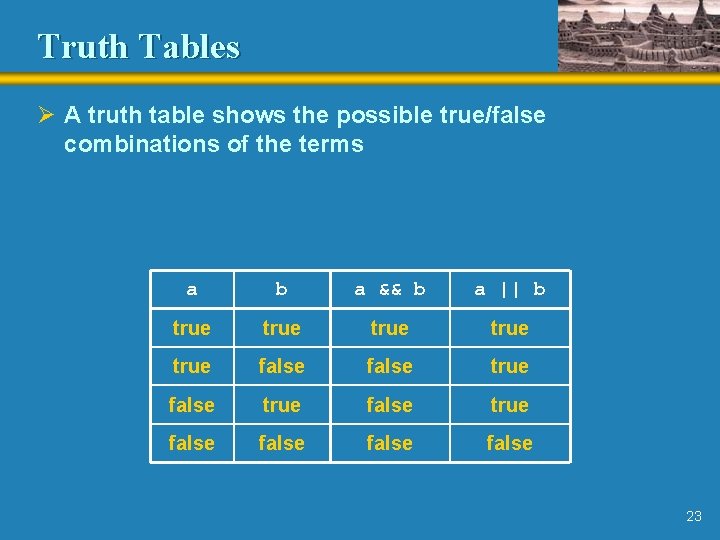 Truth Tables Ø A truth table shows the possible true/false combinations of the terms