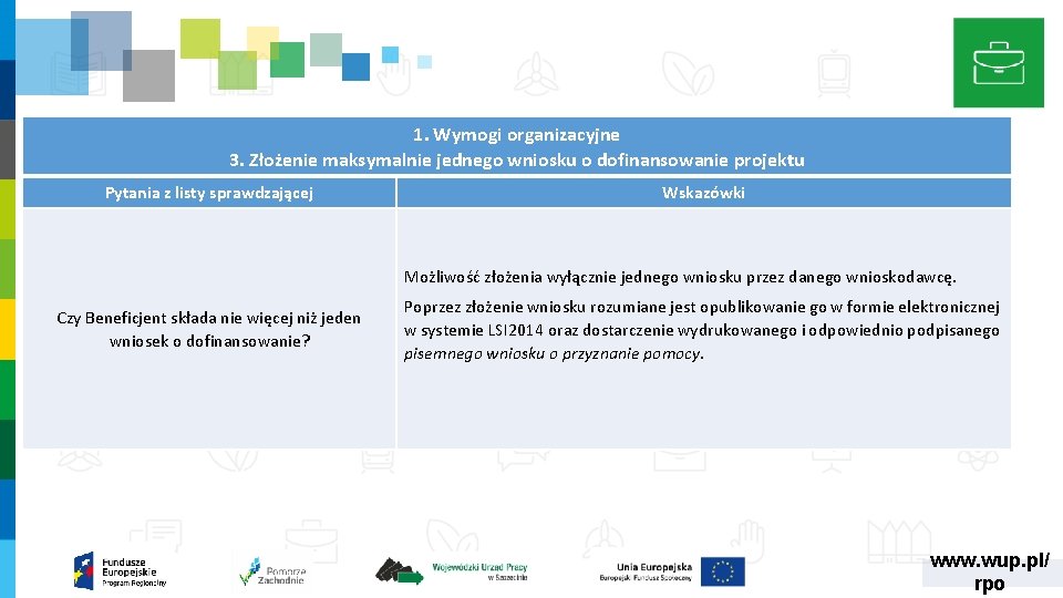 1. Wymogi organizacyjne 3. Złożenie maksymalnie jednego wniosku o dofinansowanie projektu Pytania z listy