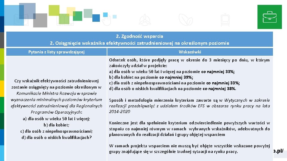 2. Zgodność wsparcia 2. Osiągnięcie wskaźnika efektywności zatrudnieniowej na określonym poziomie Pytania z listy 2. Zgodność wsparcia 2. Osiągnięcie wskaźnika efektywności zatrudnieniowej na określonym poziomie Pytania z listy