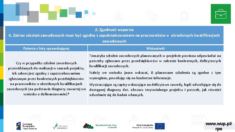 2. Zgodność wsparcia 4. Zakres szkoleń zawodowych musi być zgodny z zapotrzebowaniem na pracowników