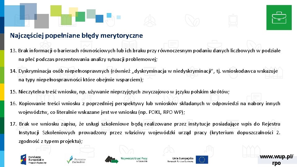 Najczęściej popełniane błędy merytoryczne 13. Brak informacji o barierach równościowych lub ich braku przy Najczęściej popełniane błędy merytoryczne 13. Brak informacji o barierach równościowych lub ich braku przy