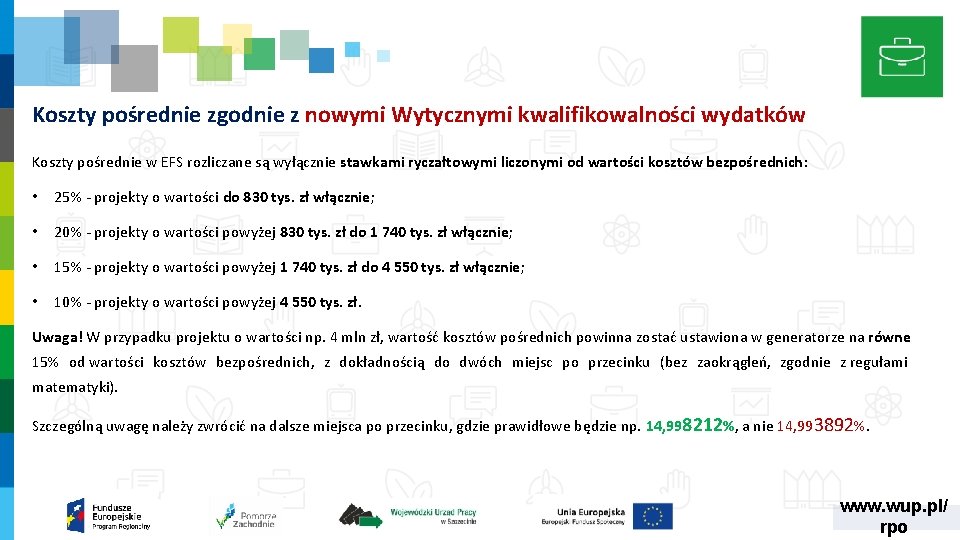 Koszty pośrednie zgodnie z nowymi Wytycznymi kwalifikowalności wydatków Koszty pośrednie w EFS rozliczane są