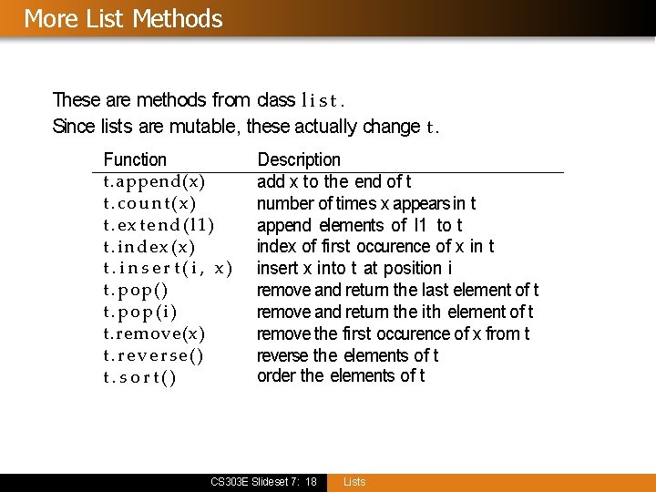 More List Methods These are methods from class l i s t. Since lists