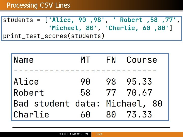 Processing CSV Lines CS 303 E Slideset 7: 24 Lists 