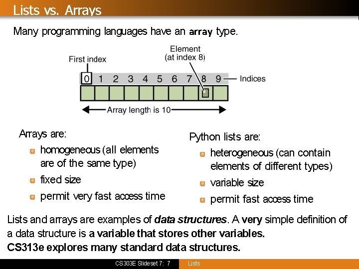 Lists vs. Arrays Many programming languages have an array type. Arrays are: homogeneous (all
