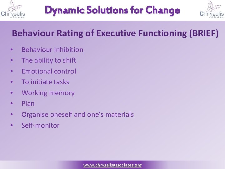 Dynamic Solutions for Change Behaviour Rating of Executive Functioning (BRIEF) • • Behaviour inhibition