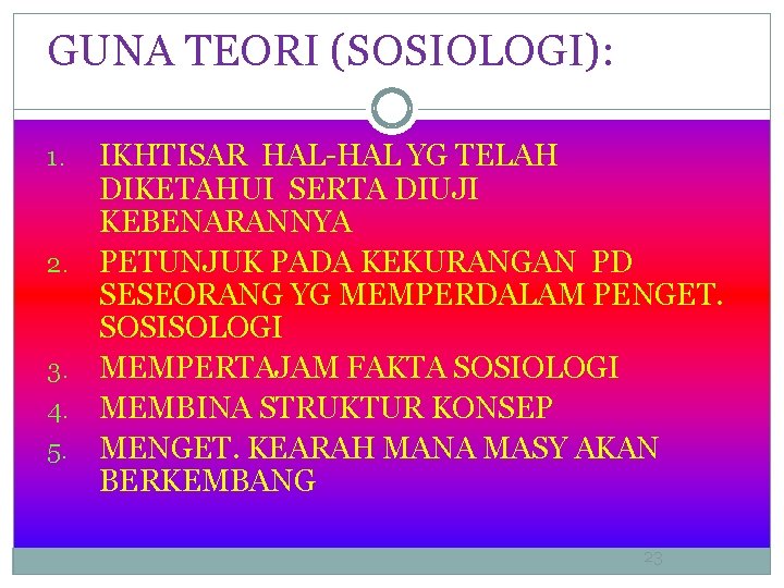 GUNA TEORI (SOSIOLOGI): IKHTISAR HAL-HAL YG TELAH DIKETAHUI SERTA DIUJI KEBENARANNYA 2. PETUNJUK PADA