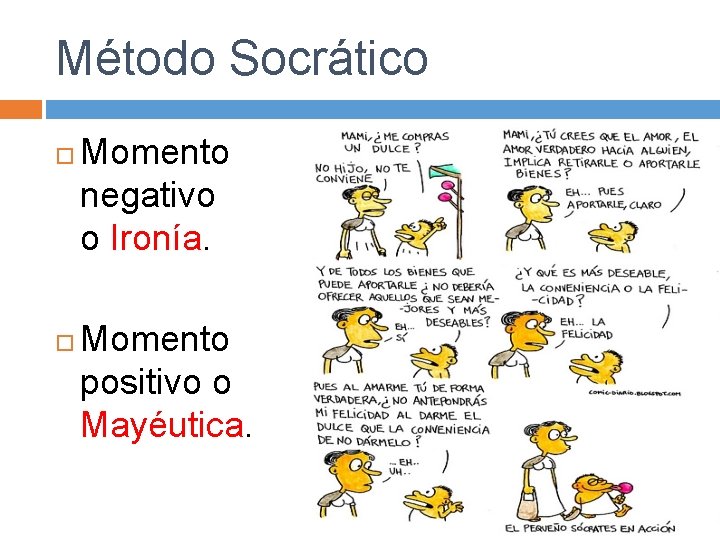 Método Socrático Momento negativo o Ironía. Momento positivo o Mayéutica. 